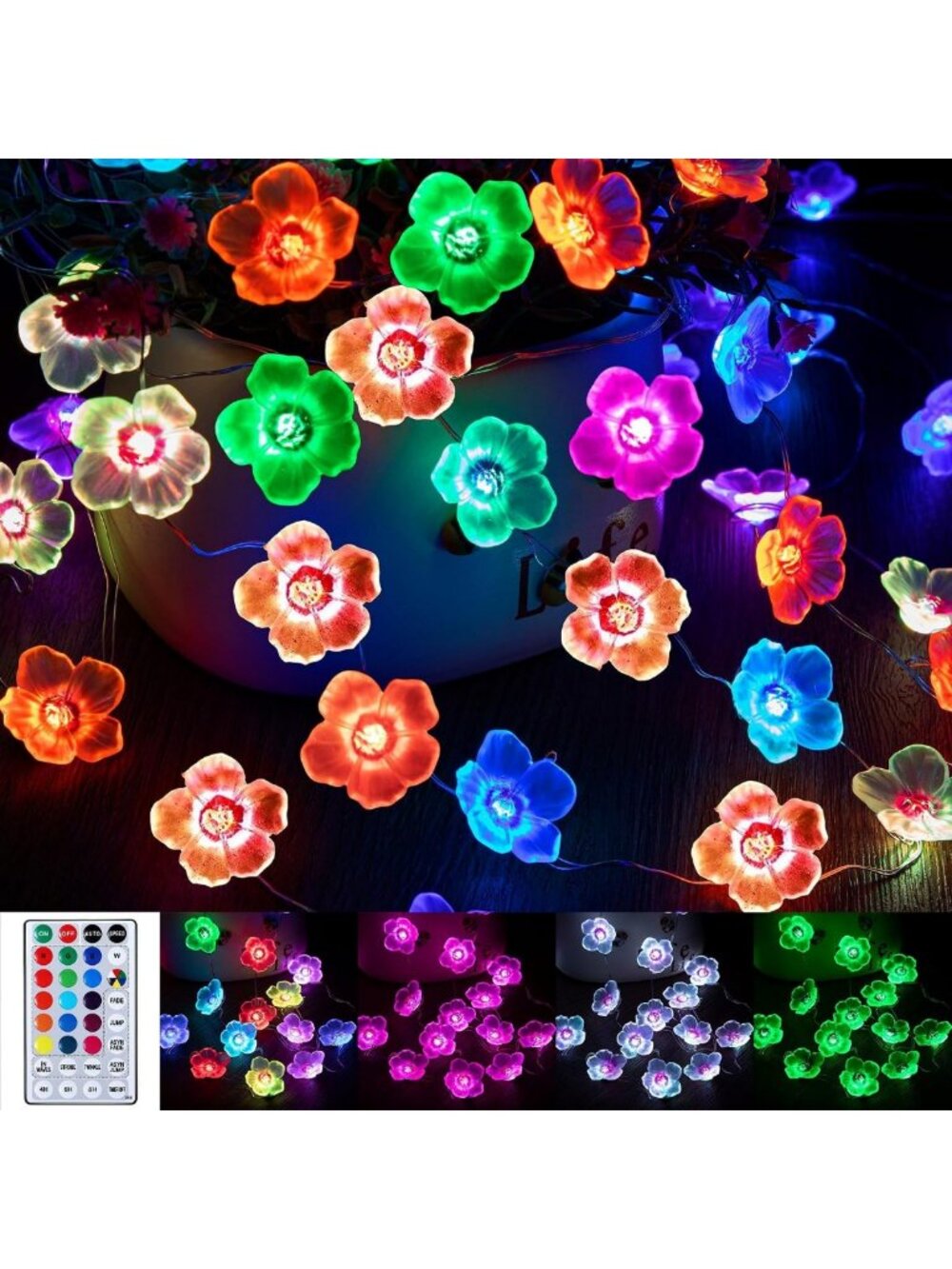 16 Colors Cherry Blossom String Lights - 13 FT Decorative Fairy Lights, 4 Pack